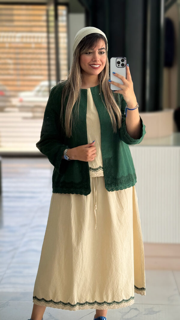ست سه تیکه مانتو زنانه سبز و سرمه‌ای با الیاف طبیعی - کد 41000 (2)